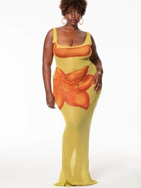 Hanifa Chartreuse Maxi Dress with Large Orange Floral Detail